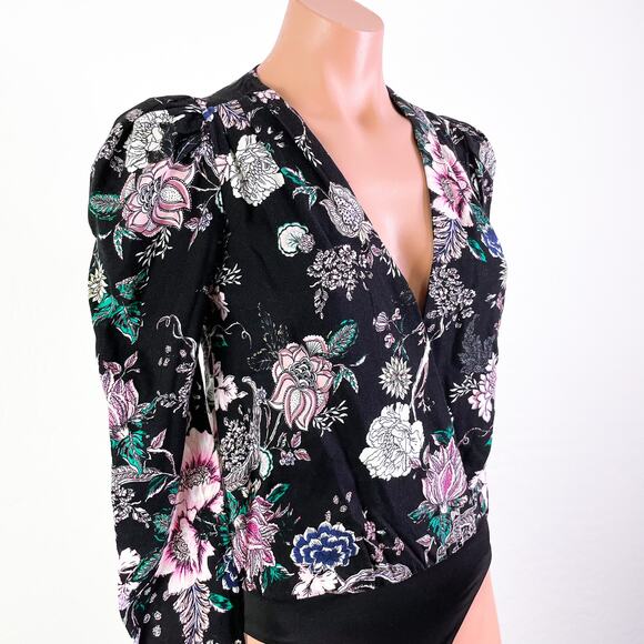 AFRM Surplice Long Sleeve Wild Bouquet Floral Thong Bodysuit Black size XS NEW - Picture 1 of 12